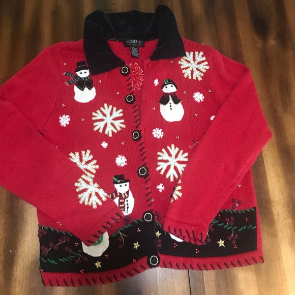 Vintage 90s Segue Red Knit Snowman Cardigan Sweater S Ugly Christmas swe… - Picture 1 of 6